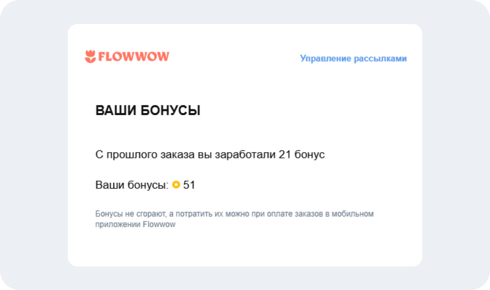 Письмо от Flowwow с деталями: сколько бонусов начислено за покупку, сколько их всего, как потратить, как долго будут действовать